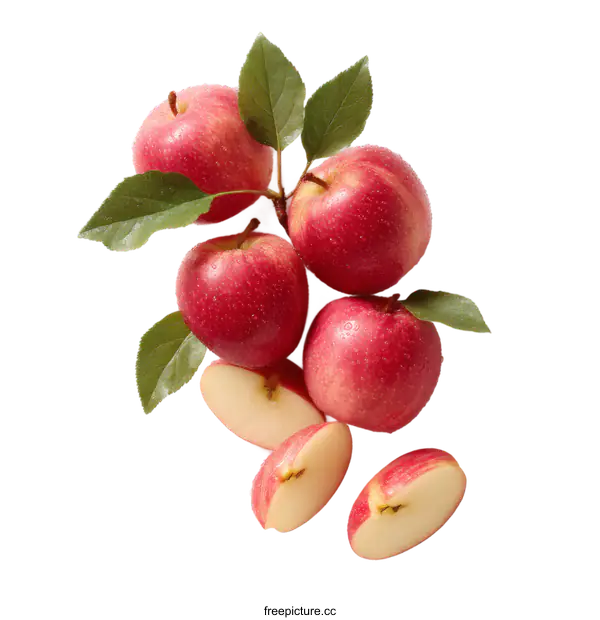 [Transparent Background PNG]Fresh Red Apples with Slices and Leaves