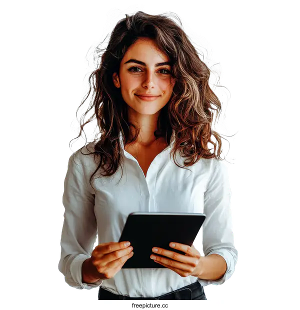 [Transparent Background PNG]Confident Woman Holding Tablet