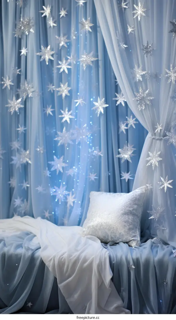Blue and white snowflake curtain with a pillow on a bed