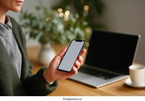 Woman Using Smartphone at Wooden Desk