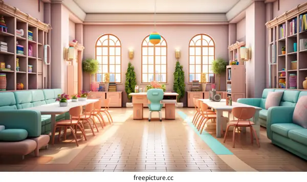 A colorful classroom with pink walls, blue furniture, and a rainbow rug.