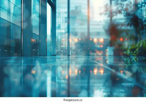 Modern empty glass building interior with shiny reflective floor tiles
