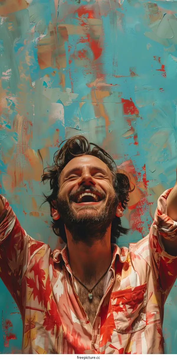 Happy Man with Raised Arms Against a Vibrant Background