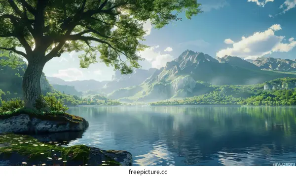 Fantasy Landscape with Rocky Mountains and Tranquil Lake
