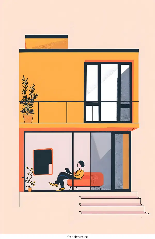 Woman Working From Home on a Laptop in a Modern Building