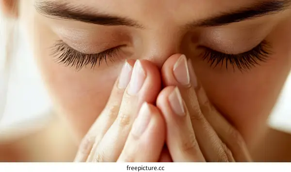 Closeup of a woman covering her face