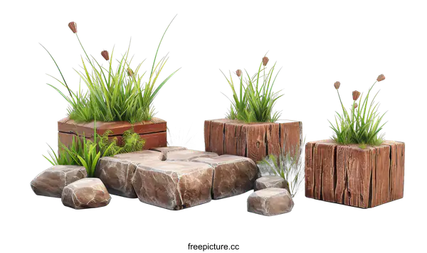 [Transparent Background PNG]Wooden Planters with Rocks and Grass