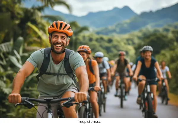 A group of friends are riding bicycles through a tropical forest.