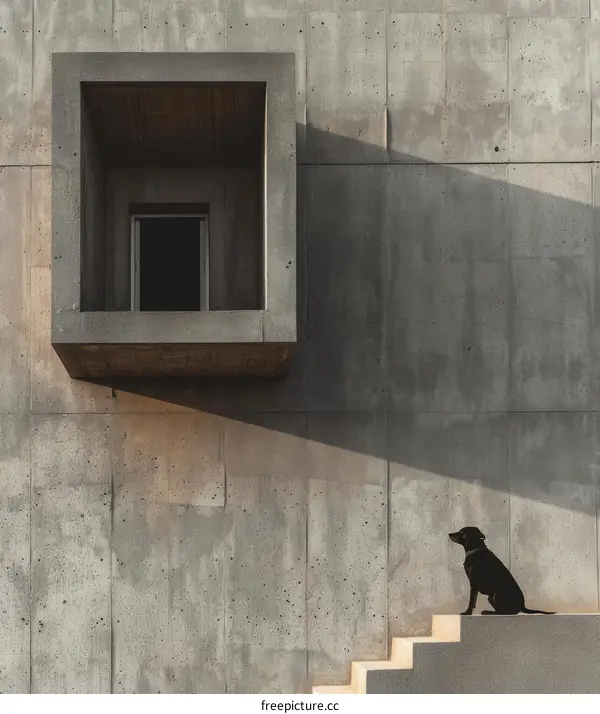 Black dog sitting on the stairs of a concrete building