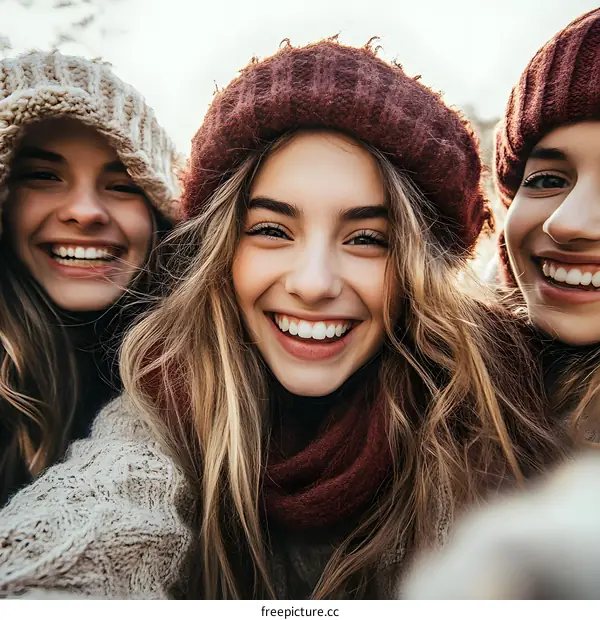 Three Young Women Smiling For A Selfie Outdoors In The Winter