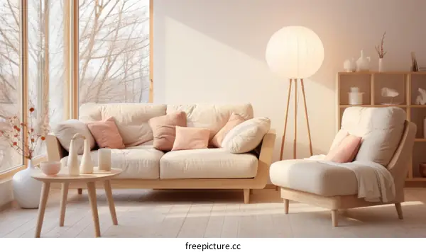 Airy and bright living room with large windows and a comfortable sofa