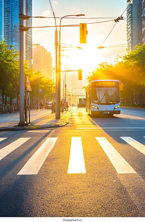 Sunset Over a City Street with a Bus