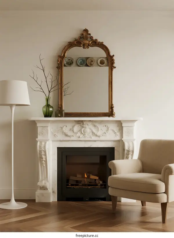 Elegant Living Room with Ornate Fireplace and Ornate Mirror
