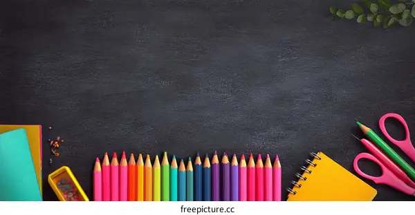 Colorful School Supplies on a Dark Chalkboard