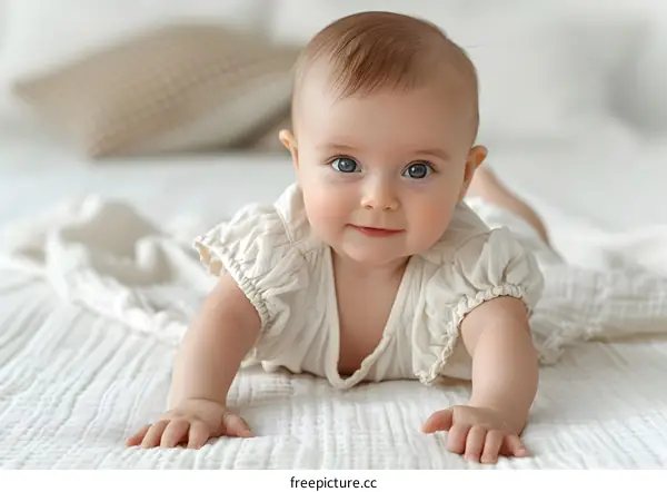 An adorable baby girl is crawling on a white blanket