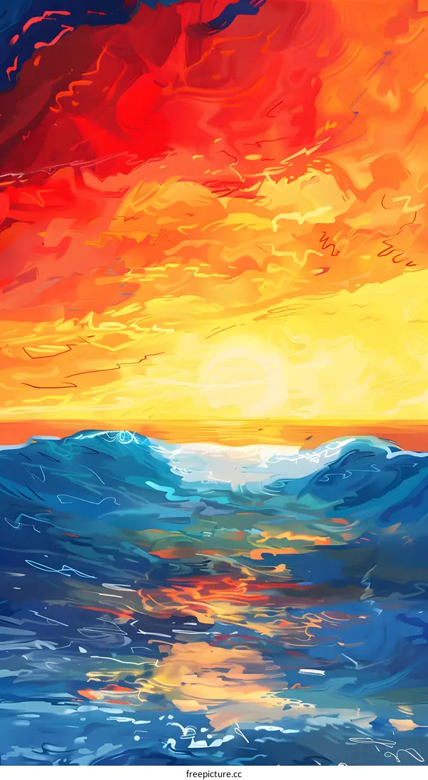 Abstract Art Painting of Sunset Over the Ocean