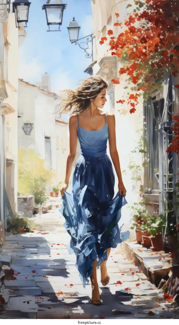 A woman in a blue dress walking down a street