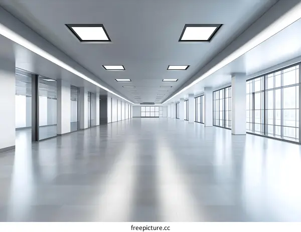 Empty Modern Office Space with Windows and Light Fixtures