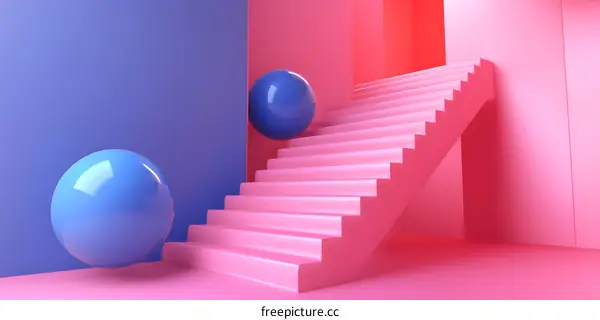 Pink Stairs with Blue Spheres Abstract Minimalist 3D Illustration