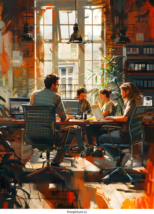 Four People Working Together in an Office