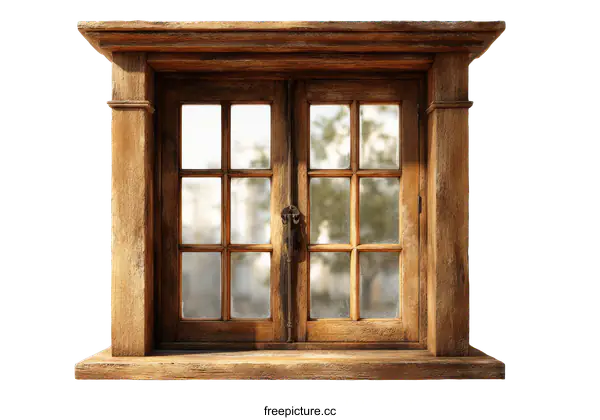 [Transparent Background PNG]Antique Wooden Window with Glass Panels