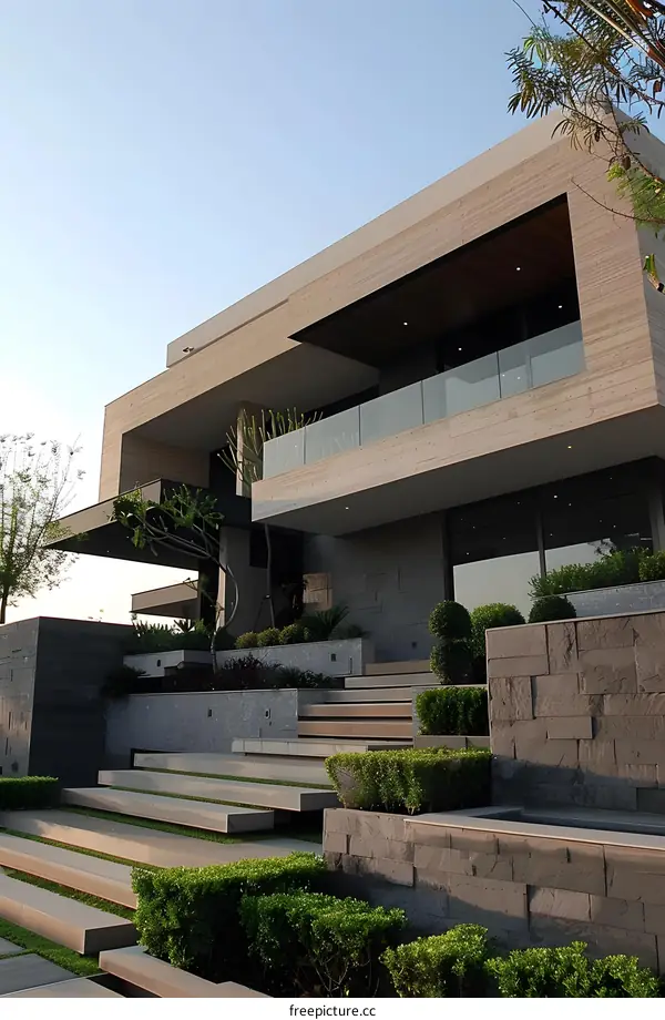 Modern House with Stone Walls and Steps