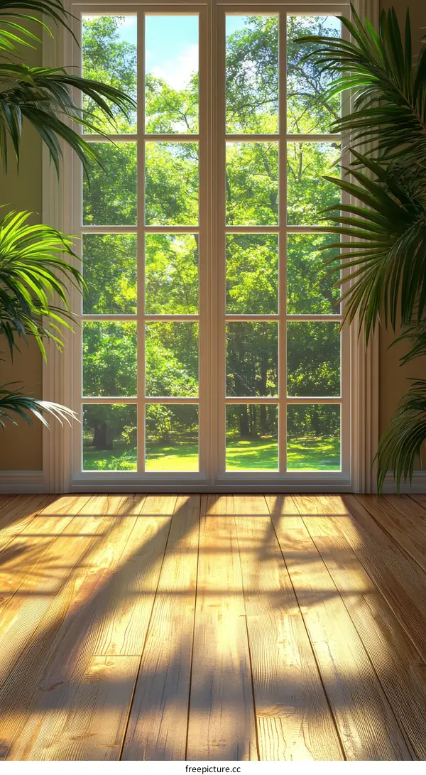 Sunny Room with Large Window Views of Trees