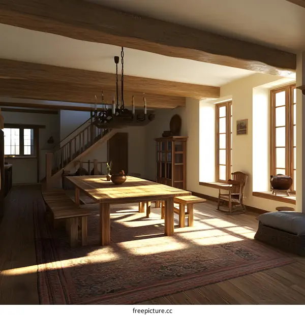 Rustic Wooden Dining Room With Large Windows and Chandelier