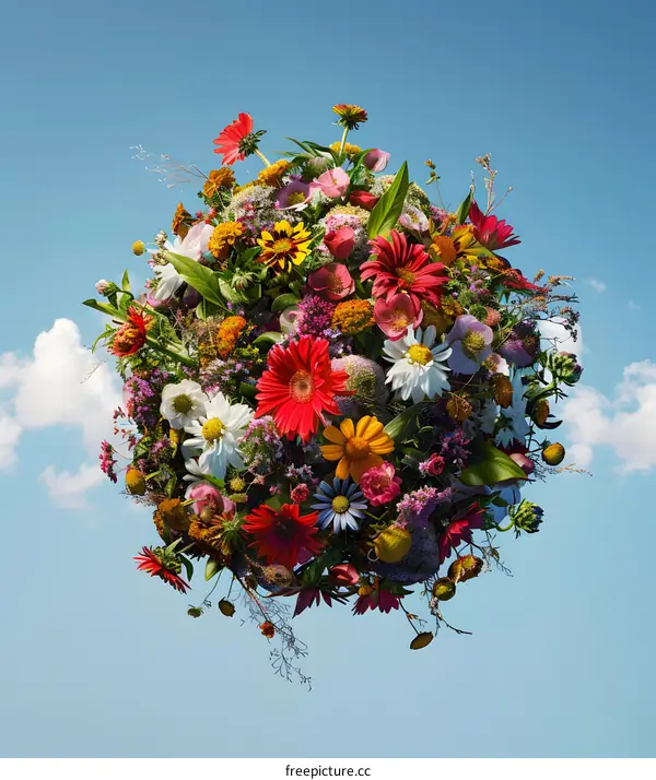 Colorful Bouquet of Flowers Against a Blue Sky