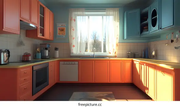 Modern Kitchen Design with Orange Cabinets and a Large Window