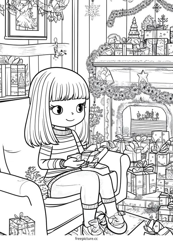 Girl Sitting By Fireplace With Presents For Christmas