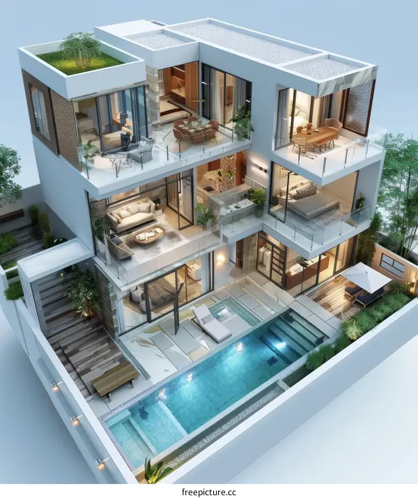 Modern Villa Exterior 3D Rendering with Pool