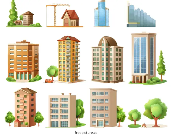Cartoon Illustration of Different Building Types