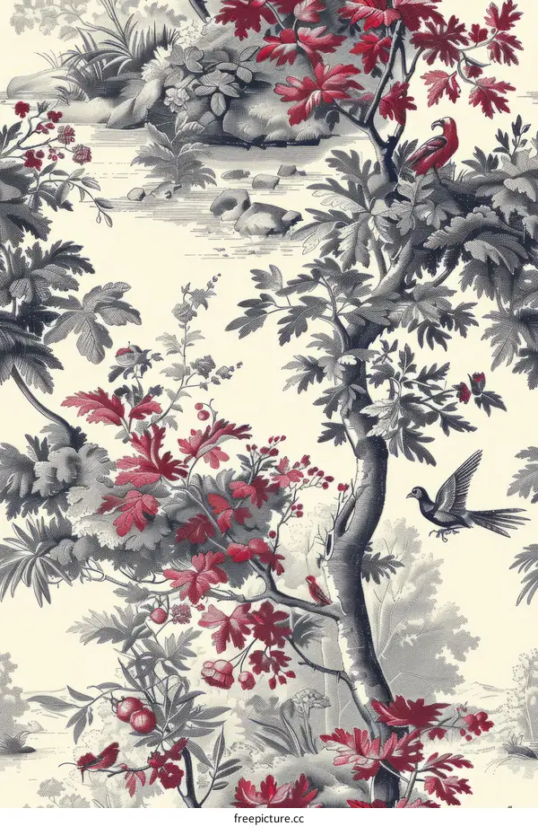 Red and Gray Toile de Jouy with Birds and Trees Vintage Fabric Print
