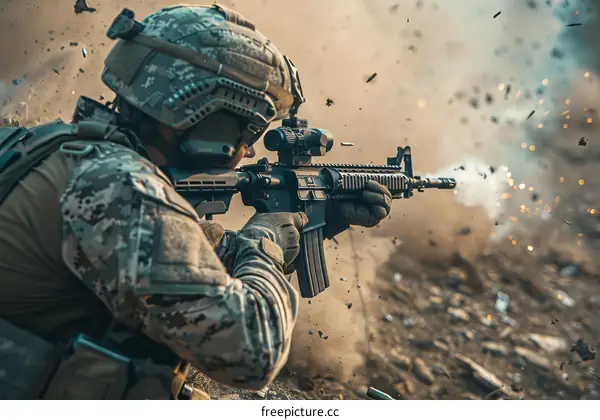 Soldier in combat firing his rifle