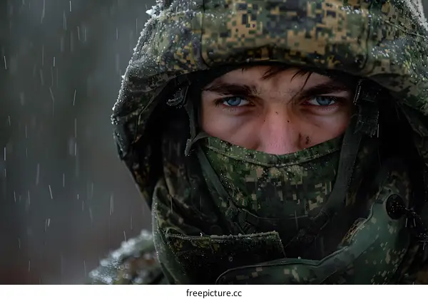 Portrait of a soldier in a camouflage uniform with his face partially covered by a balaclava.