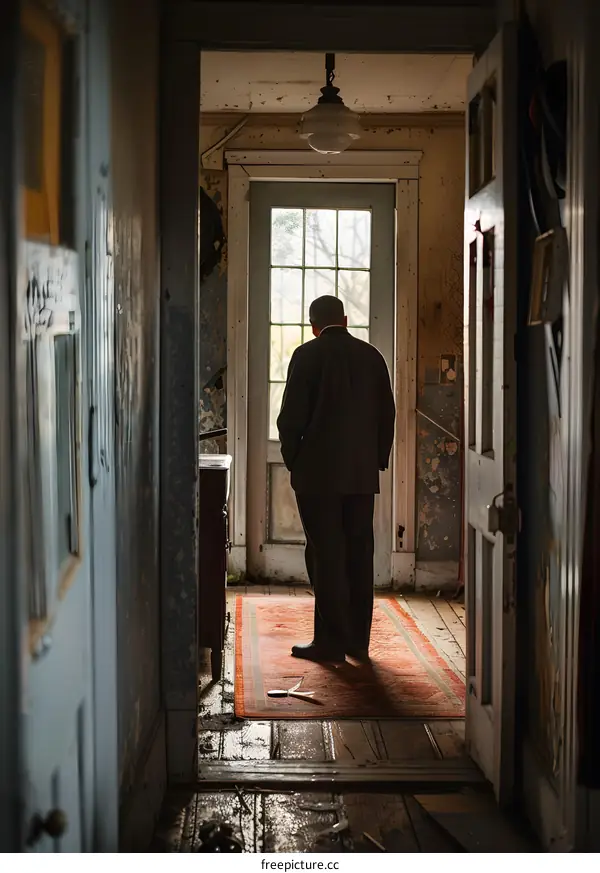 Man Standing in the Hallway of an Abandoned House