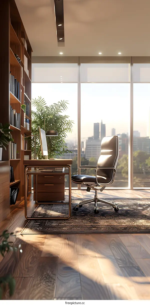 Office interior with large windows and a city view