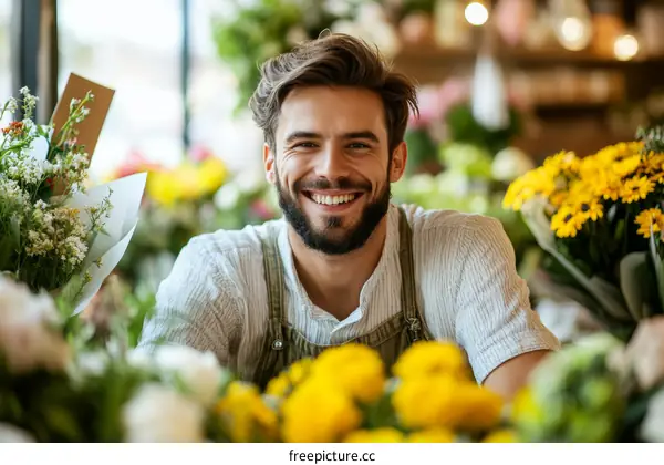 Happy Florist Smiling at Camera Amidst Flowers