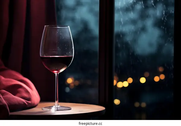 A glass of red wine on a table near a window with raindrops