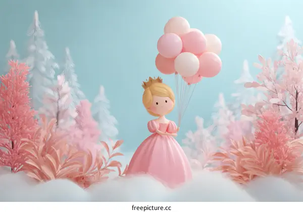 Princess with Balloons in a Pink Winter Wonderland