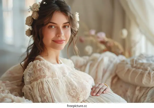 Pregnant Woman with Floral Headpiece in a Vintage Setting