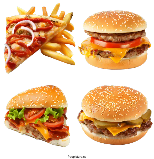 [Transparent Background PNG]Pizza, Burgers and French Fries Fast Food Collage