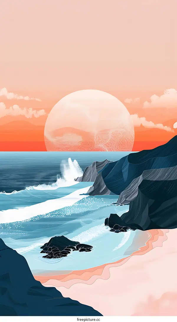Ocean Sunset Landscape Illustration with Dark Blue Cliffs and a Large Orange Sun