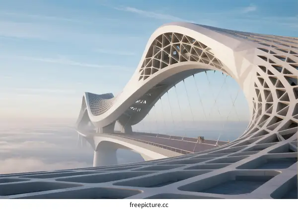 Modern Curved Bridge with Geometric Patterns Over Clouds
