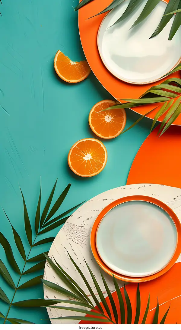 Summer Food Flat Lay With Palm Leaves And Orange Slices