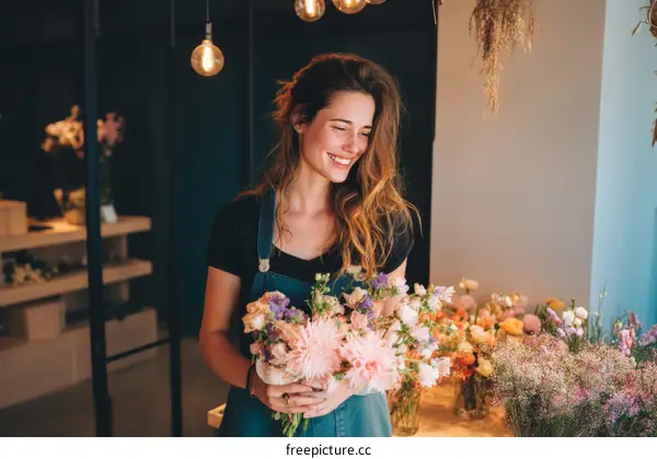 Woman Florist Holding a Bouquet of Flowers in a Shop