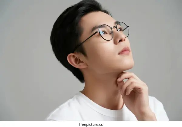 Young man wearing glasses with thoughtful expression looking up