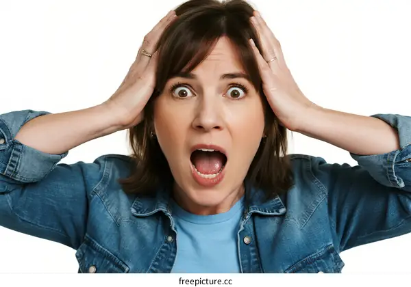 Woman with surprised expression holding her head with both hands