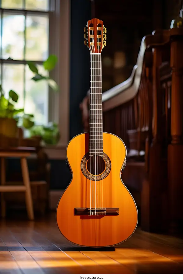 A classical guitar sits on a wooden floor in a home.